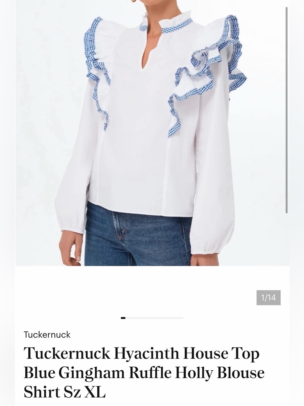 Tuckernuck White Blouse with Blue Gingham Ruffle Trim